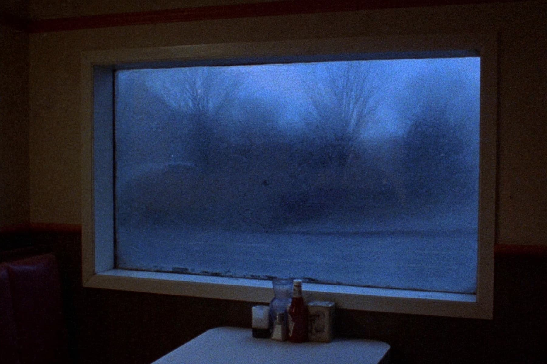 A diner window looking out into the Oregon mist