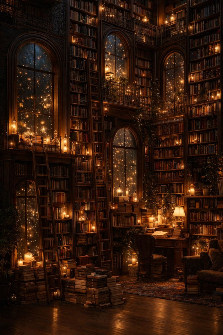 A candlelit library